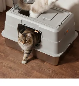 Große geschlossene Katzentoilette aus Edelstahl mit Doppeleingang und Spritzschutzdeckel