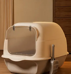 Extra große voll geschlossene graue Katzentoilette mit transparenter Tür und Schaufel