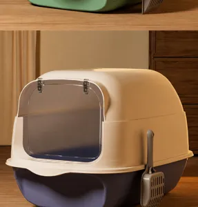 Große saphirblaue vollgeschlossene Katzenbox mit transparenter Tür und Schaufel.