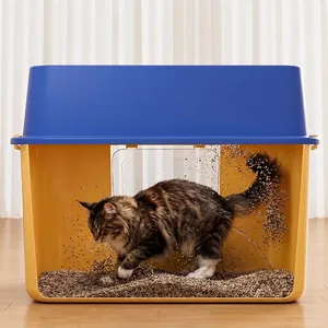 Arenero para gatos grande cerrado en azul y amarillo con diseño antisalpicaduras