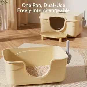 Premium large beige convertible cat litter box with open and enclosed design for home