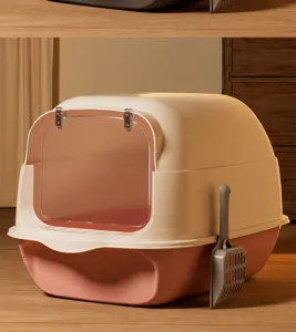 Große geschlossene Katzenbox in Kirschblütenrosa mit transparenter Tür und Schaufel