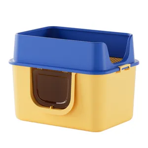 Arenero para gatos cerrado extragrande anti salpicaduras con diseño en amarillo y azul