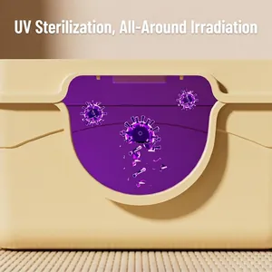 Enclosed large cat litter box with built-in UV sterilization lamp and anti-tracking mat.