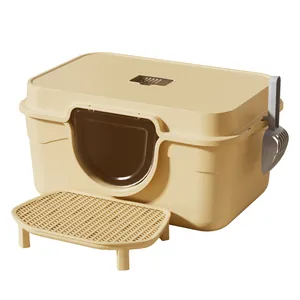 Large fully enclosed cat litter box with sand-leakage pedal and scoop in beige color