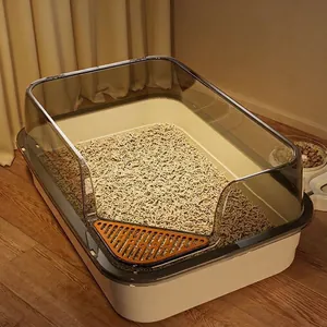 Extra large semi-enclosed cat litter box with transparent splash guard and orange step