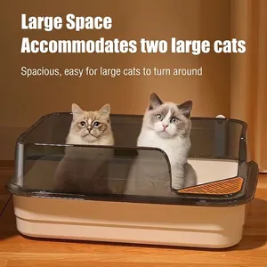 Extra large semi-enclosed cat litter box with high splash guard for multiple large cats
