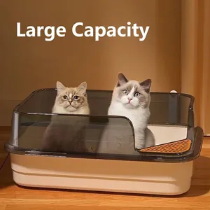 Extra große halbgeschlossene Katzentoilette in Beige und Grau mit zwei Katzen