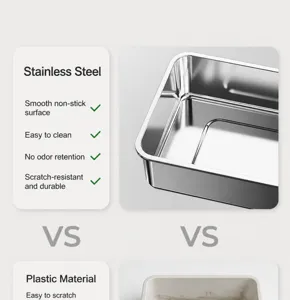 Detailed view comparing a durable stainless steel cat litter box with plastic material