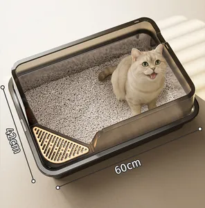 Extra large open stainless steel cat litter box with high fence and 60x42cm dimensions