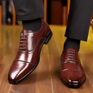 Detailed macro view of classic brown Brogue leather shoes for men with wingtip design