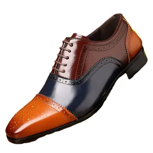 Men's tri-color patchwork brogue oxford shoes with wingtip carving for business formal wear