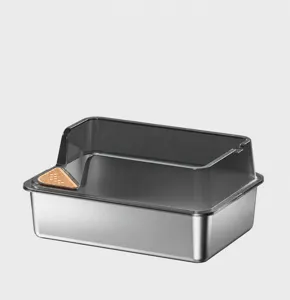 Stainless steel cat litter box with 60x42x24cm dimensions and high fence detail view