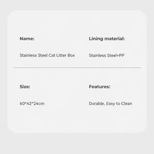 Product specifications for a large open stainless steel cat litter box, 60x42x24cm