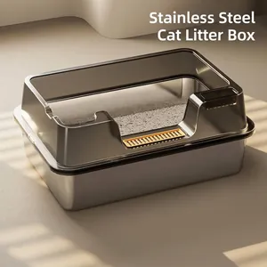 Stainless Steel Cat Litter Box High Sided Open Top Anti Splash Pet Toilet With Sifter Pedal Durable Easy To Clean Large Size