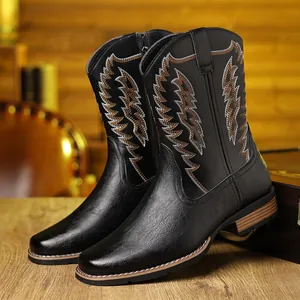 Detailed side view of black western cowboy boots featuring intricate wavy embroidery patterns