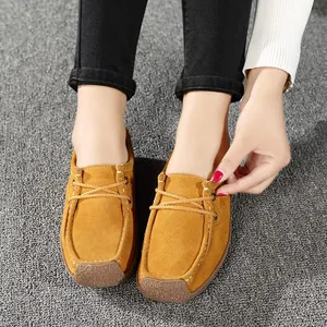 Mocassins en daim jaune moutarde pour femmes, design décontracté et confortable