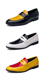 Detail view showing three color combinations of men's color-block leather loafers.