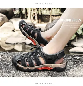 Detailed view of breathable black leather closed-toe outdoor sports sandals for men