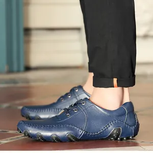 Men's navy blue casual leather driving loafers with anti-slip octopus rubber sole