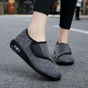 Breathable grey knit walking shoes with Velcro straps and air cushion sole for women