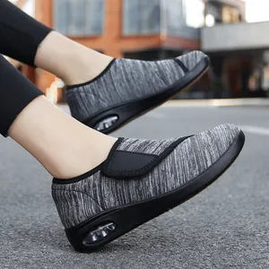 Breathable grey knit walking shoes for women with Velcro strap and air cushion