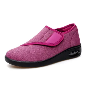 Breathable purple walking shoes for elderly women with velcro straps and air cushion