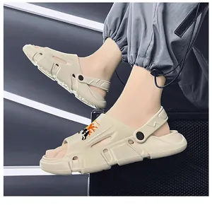 Detail of beige breathable sports sandals with adjustable heel strap.