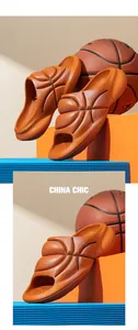 Macro detail of orange basketball texture slides with ergonomic thick non-slip soles