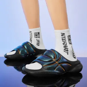 Stylish metallic iridescent basketball-themed slippers featuring thick anti-slip soles for couples