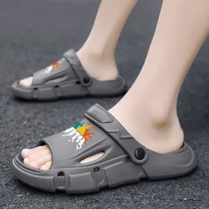 Dark grey couple outdoor sandals featuring colorful spray graphics and a heel strap