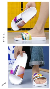 Vue détaillée de claquettes blanches avec imprimé graffiti coloré pour hommes et femmes.
