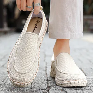 Breathable men's linen loafers in beige, slip-on casual espadrilles for summer