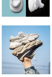 Detailed views of breathable mesh chunky sneakers for men against a clear blue sky