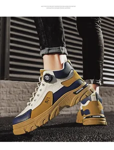 Detailed close-up of high-top work boots featuring a functional swivel buckle closure.