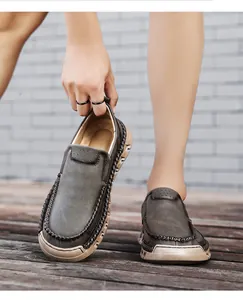 Close-up detail of vintage men's slip-on leather loafers with anti-slip thick rubber soles