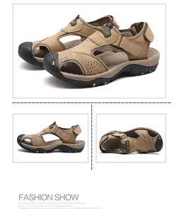 Detailed views of men's khaki closed-toe outdoor breathable beach sandals with thick sole