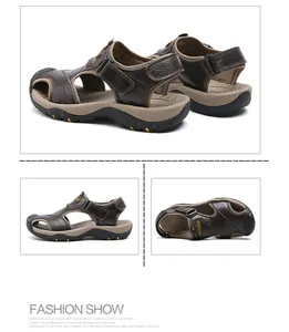 Detailed views of men's breathable outdoor brown leather sandals with closed toe design