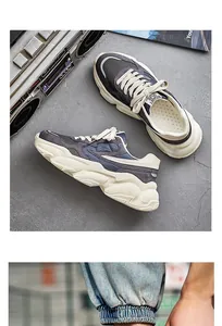 Retro chunky sneakers for men with breathable mesh and thick soles on grey background.