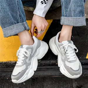 Breathable grey mesh chunky sneakers for men with vintage thick sole design