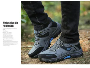 Scarpe da trekking outdoor da uomo grigie e nere con suole blu antiscivolo robuste