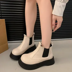 Women's cream platform Chelsea boots with retro round toe for autumn and winter outfits