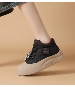 Close-up of stylish women's thick-soled bread sneakers with height-increasing design in black
