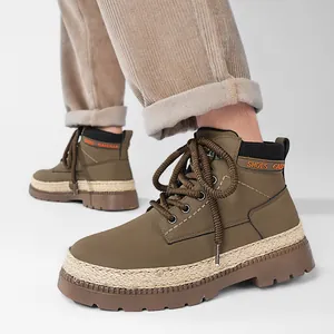 Men's casual high-top Martin boots with platform sole and woven straw detail
