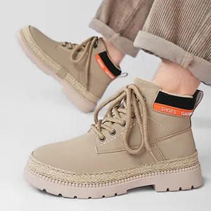 Stylish men's khaki high-top Martin boots featuring thick soles and unique straw-braided welt