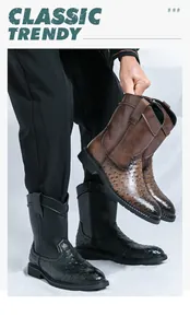 Detailed view of men's mid-calf cowboy boots featuring black and brown ostrich-textured leather