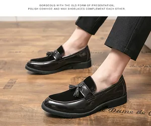 Close-up of men's tassel loafers in shiny brown patent leather with velvet vamp