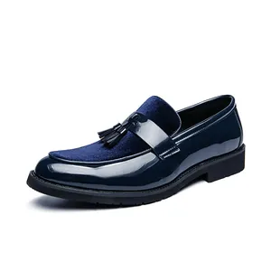 Dark blue patent leather loafers with tassels for men, British business style, slip-on design