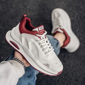 Stylish men's chunky retro sneakers in white and burgundy with thick soles