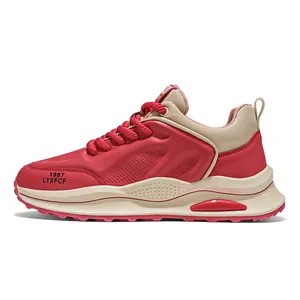 Men's retro chunky sneakers in red and beige with breathable leather upper and thick sole